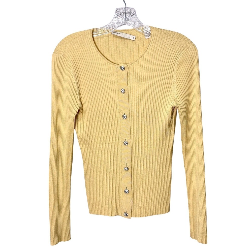 Perry Ellis Yellow Silk Cashmere Spring Cardigan Small Jewel Buttons Old Money